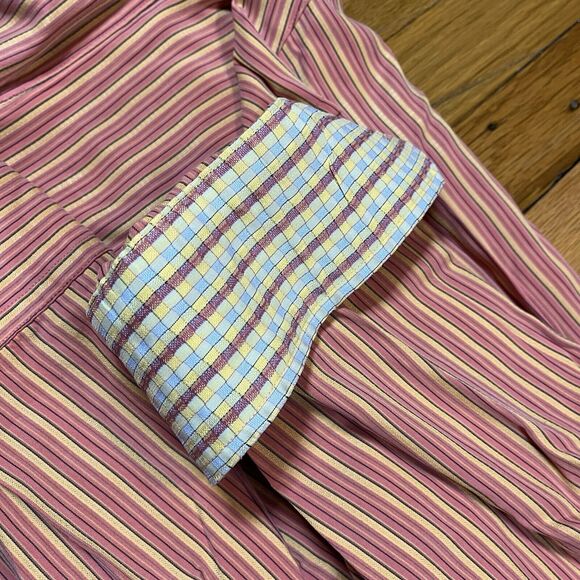 Bugatchi Uomo Flip Cuff Rayon Button Down Shirt Mens Large Orange Gold Striped - Picture 3 of 9